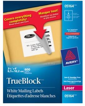 Avery Laser Labels - 4"x3 1/3" - 600/pkg - 05164