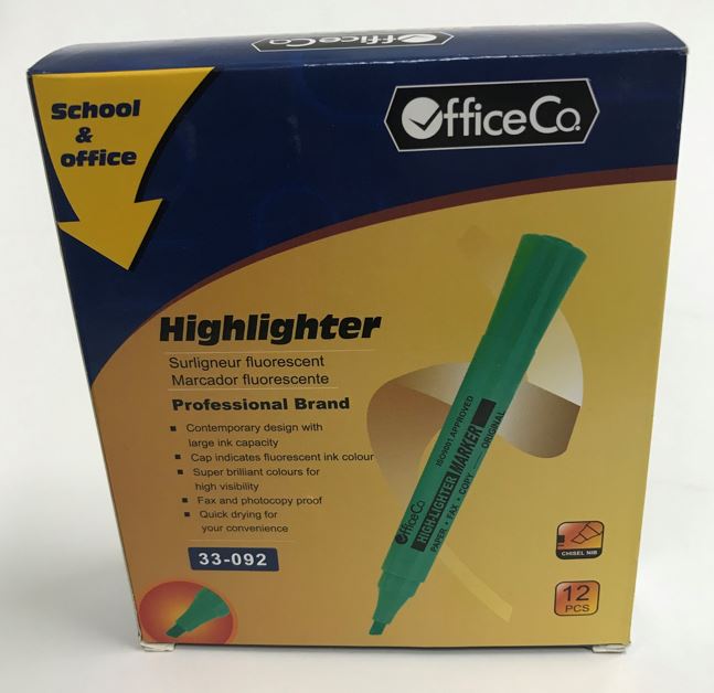 Officeco EP100130 OfficeCo Highlighter Green - Chisel Tip - Box of 12